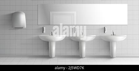 Öffentliche Toilette minimalistisches Interieur 3D realistische Vektor-Mockup. Reihe von Keramikwaschbecken Waschbecken mit Metall Wasserhahn, Seifenspender, Handtrockner Einheit und Stock Vektor