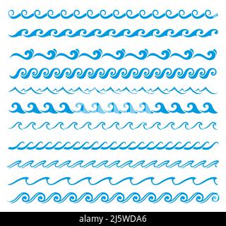 Meer und Meer Surf Wellenlinie, blaue Wasser Grenzen. Vektorteiler mit Wellenmuster von Sommerstrandwellen, Gezeitenwirbeln und Kurven, Flusswellen und quickligen Linien, Verzierung Stock Vektor
