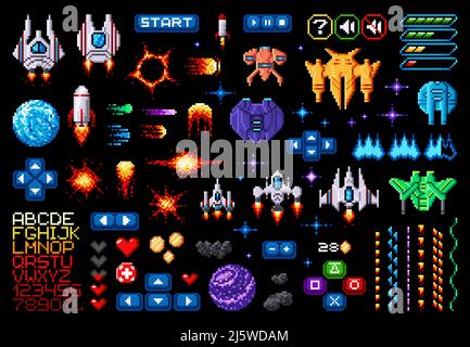 Space Game Asset 8bit Pixel Kunst Galaxie Planeten, Raketen, starcraft, Schriftart und pixelige Spiel-Interface-Tasten. Vintage Vektor Shuttles, Feuer, Explosion, Menüelemente, Herz, Pfeile, Kometen oder Meteore Stock Vektor