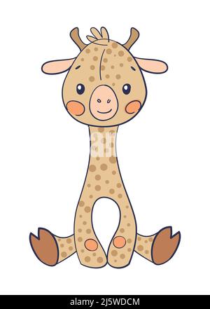 Niedliche sitzende Babygiraffe, Dschungeltier im Zoo, Kinderspielzeug. Flaches Vektorsymbol für Kinder Stock Vektor