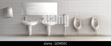 Schmutzige öffentliche Männer Toilette 3D realistische Vektor Innenraum. Reihe rostiger und gebeizter Urinale, Keramikwaschbecken, Seifenspender, Handtrockner und Stock Vektor