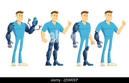 Behinderter Mann mit Hand, Bein-Roboter-Prothese zeigt Daumen nach oben, halten Wasserflasche Cartoon-Vektor-Illustration auf weißem Hintergrund isoliert. H Stock Vektor