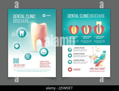 Zahnklinik Werbebroschüre, Poster Cartoon Vektor-Seiten Vorlage. Komfortable Stomatologie Stuhl mit Lampe, gesunden Zahn, moderne dentale Implantate Stock Vektor