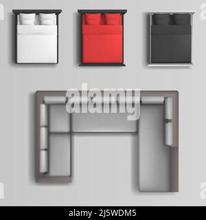 Bett mit Bettwäsche und Kissen in verschiedenen Farben, weiche Ecke Draufsicht 3D realistische Vektor-Set isoliert auf grauem Hintergrund mit Schatten. Moderne Einrichtung Stock Vektor