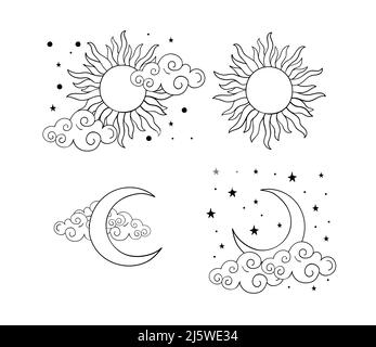 Mystische Boho-Tattoos mit Sonne, Halbmond, Sternen und Wolken. Lineares Design, Handzeichnung. Eine Reihe von Elementen für Astrologie, Mystik und Wahrsagerei. Stock Vektor