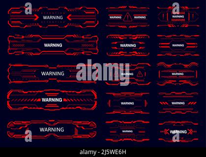 HUD-Schnittstelle Warnung und Vorsicht, Warnhinweis und Gefahrenbereich, Vektor-rote Zeichen. HUD-Frames der Cyber-Game-UI mit Warnboxen für Warnung und Gefahr Kation Warnung vor Angriff oder Systemschaden Fehler Stock Vektor