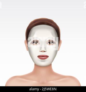 Weiße Kosmetik feuchtigkeitsspendende Gesichtsmaske auf Gesicht von jungen schönen Mädchen auf weißem Hintergrund isoliert. Frau Anwendung Schönheitskosmetik Verfahren Stock Vektor