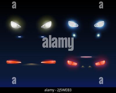 Moderne Fahrzeugfront, Rückscheinwerfer glühend rot, weiß und blau in der Dunkelheit 3D realistische Vektor-Set. Beifahrer- oder Lastwagenaußenseite, Auto l Stock Vektor