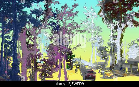 Digitale Malerei Textur bunt des großen Baumes und Auto auf dem Markt mit blauem Hintergrund. Landschaft abstrakte Textur gemalt Technik. Stockfoto