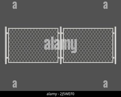Drahtzaun auf grauem Hintergrund isoliert. Silberfarbenes Kettenglied-Netz aus Metall. Zwei Segmente rabitz Tor, Perimeter Schutz Barriere Konstruktion sepa Stock Vektor