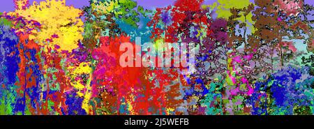 Digitale Illustration Malerei Textur bunt von großen Baum in den tiefen Wald mit blauen Himmel Hintergrund. Landschaft abstrakte Textur gemalt techniqu Stockfoto