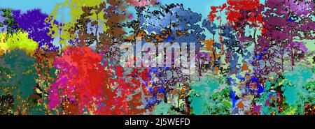 Digitale Illustration Malerei Textur bunt von großen Baum in den tiefen Wald mit blauen Himmel Hintergrund. Landschaft abstrakte Textur gemalt techniq Stockfoto