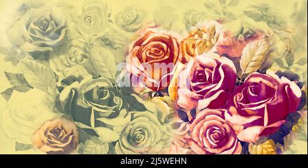 Strauß Rosen Illustration gemalt Frühling Blumen bunt im Garten und Emotion in realistischen Jahrgang mit abstrakten blauen Hintergrund, Aquarell Stockfoto