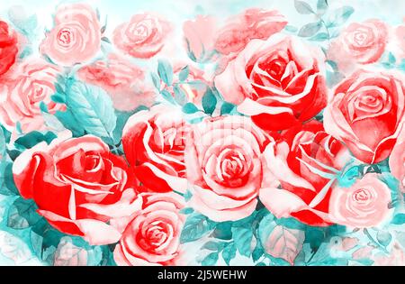 Illustration gemalte Frühlingsblumen bunte Strauß Rosen im Garten und Emotion in realistischen, rosa Rose mit abstrakten blauen Hintergrund, Aquarell Stockfoto