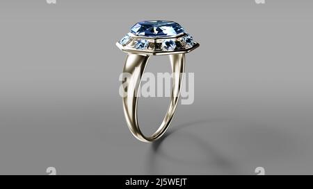 Verlobungsring aus Weißgold mit Diamant auf grauem Hintergrund, fiktiv - abstrakte Abbildung 3D Stockfoto