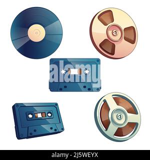 Retro-Medienspeicher für Musik- und Soundset isoliert auf weißem Hintergrund. Audiokassette, Spule, Magnetbandrolle, Schallplatte. Hüfte im Vintage-Stil Stock Vektor