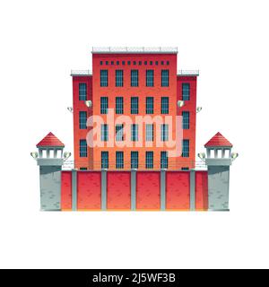 Modernes Gefängnis, Gefängnisgebäude mit Wänden aus rotem Backstein, Gitter an Fenstern, Wachtürme auf hohem Zaun mit Stacheldraht und Suchscheinwerfern Stock Vektor