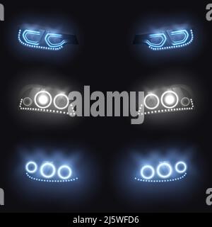 Moderne Auto-Front- oder Rückscheinwerfer mit Xenon-, Laser- oder LED-Lampen, leuchtendes Neon-Weiß, blaues Licht in der Dunkelheit realistisches Vektor-Illustrationsset isola Stock Vektor