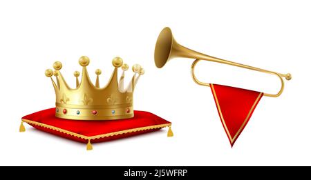 Goldene Krone und Kupfer-Fanfare auf weißem Hintergrund isoliert. Königlich goldener Kopfschmuck mit Edelsteinen auf rotem Samtkissen und ankündender Trompete Stock Vektor