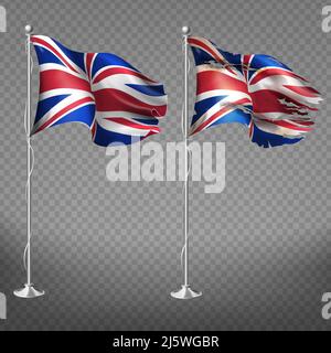 Neue und alte, zerrissene englische Nationalflagge flattert im Wind auf Metallfahnenmast 3D realistische Vektordarstellung isoliert auf transparentem Hintergrund. U Stock Vektor