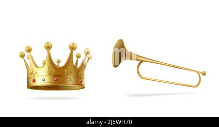 Goldene Krone mit Edelsteinen und Kupfer-Fanfare isoliert auf weißem Hintergrund. Krönender Kopfschmuck für Monarch und Heralding Trompete für die Zeremonie Ankündigung Stock Vektor