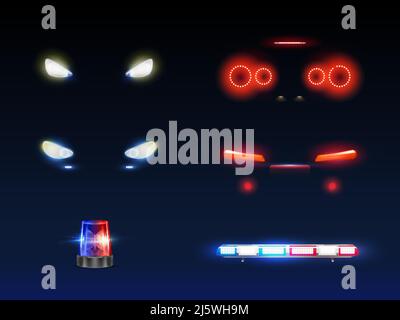 Moderne Fahrzeugfront, Rückscheinwerfer, rotierende und blinkende Polizei- oder Krankenwagen-Autoleuchte und Lichtleiste leuchten weiß, rot und blau 3D realistische Vektor Stock Vektor