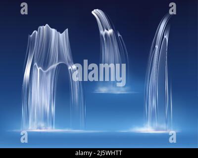 Wasserfall-Kaskade, realistische Wasserfallströme aus reiner Flüssigkeit mit Nebel verschiedener Formen isoliert auf blauem Hintergrund. Fluss, Brunnenelement f Stock Vektor