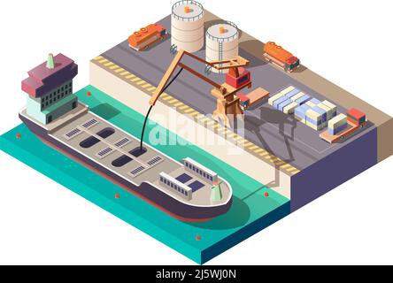 Petrolimport, Export isometrischer Vektor isoliert auf weißem Hintergrund. Kran pumpt flüssige Fracht aus Tankschiff in Kai, Tankwagen transportieren Stock Vektor