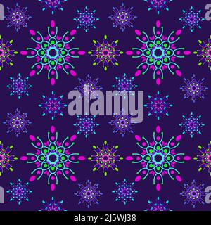 Nahtlose Mandala Blumen Muster in lila Farbe Hintergrund. Farbenfrohe Vorlage mit abstraktem Neon-Blumenmuster. Kachelbare Retro-Ornamente. Stock Vektor