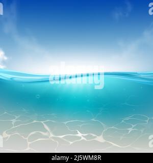 Ozeanische Welle, Meerwassersäule realistischer Vektorhintergrund. Strahlender Himmel, Sonnenstrahlen, die sich in klarem, blauem Wasser mit Blasen ausbreiten und auf sauberem schimmern, Stock Vektor