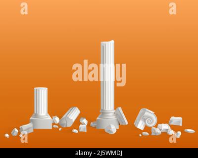 Antike Säulen aus weißem Marmor Stein auf Stücke gebrochen, alten griechischen Stadt oder römischen Reiches Tempel, Palastruinen Fragmente isoliert 3D realistische Vektor Stock Vektor