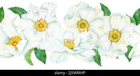 Aquarell von Hand gezeichnet nahtlose horizontale Grenze mit weißen wilden Rosenblüten grünen Blättern. Eleganter Blumenarrangement-Rahmen für Hochzeitseinladung Design, Textil. Natürliche Natur Pflanze Kräuter Bio Mode Stockfoto