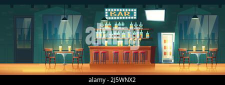 Leere City Bar oder Pub am Abend Cartoon Vektor Retro-Interieur. Hocker Reihen sich neben der Theke, Regale mit Alkoholflaschen, leuchtendes Schild, kühles bev Stock Vektor