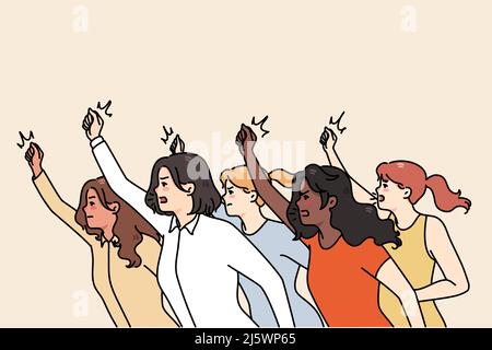 Entschlossene Frauen kämpfen für gleiche Rechte auf Protest oder Demonstration. Aktivistinnen oder Führungspersönlichkeiten kämpfen für Gleichheit. Soziale Gerechtigkeit Kriegerin, Mädchenmacht und Feminismus. Vektorgrafik. Stock Vektor