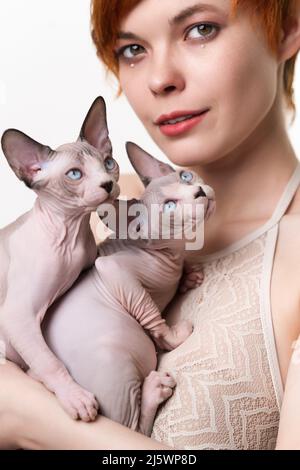 Nette Rothaarige junge Frau umarmte sanft zwei häusliche Sphynx Cat an ihre Brust und schaute auf die Kamera. Selektiver Fokus auf freundliche haarlose Kätzchen Stockfoto