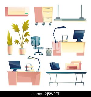 Moderne Büroarbeitsplatz Möbel, Ausrüstung und liefert isolierte Cartoon-Vektor-Set. Schreibtisch mit Computermonitor, Lampe und Papierablage, Pflanzen im Zimmer Stock Vektor
