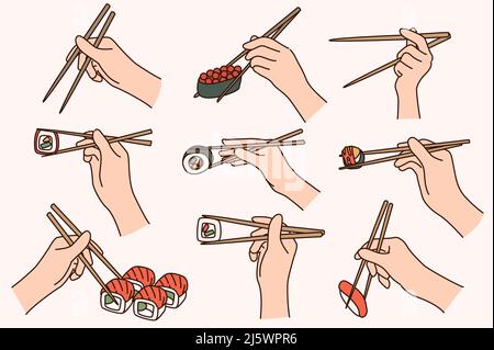 Sammlung von Menschen halten Essstäbchen essen Sushi. Gäste genießen traditionelle japanische Küche. Japanische Küche Kultur und Tradition. Flache Vektorgrafik. Stock Vektor