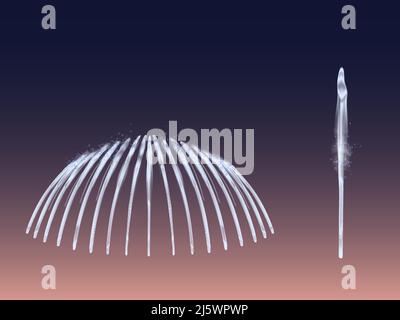 Wasserdüsen für Springbrunnen werden isoliert auf dunklen Hintergrund gesetzt. Einzelne und mehrere Geysire fließen Eruption, Wasserstrassen spröden auf. Wasserwerk-Elemente für Werbung Stock Vektor