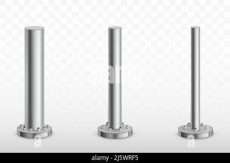 Metallmast-Säulen-Set, Stahlrohre mit verschiedenen Durchmessern auf runder Basis verschraubt, isoliert auf transparentem Hintergrund. Zylinderfüße für Straßenschild, b Stock Vektor