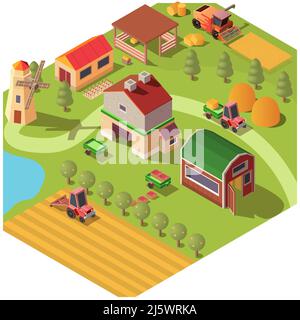 Isometrischer Bauernhof oder moderner Ranchhof mit Nebengebäuden, Windmühle, Obstgarten und Getreidefeld. Mähdrescher Dreschen Mais oder Weizen, Pflug Soi Stock Vektor