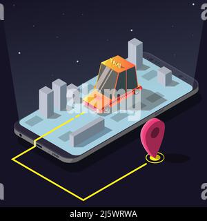 Isometrische Taxi Auto bestellen Service App, gelbes Taxi fahren zwischen Stadtgebäuden zu gps-Position Stift auf riesigen Handy-Bildschirm, Online-Anwendung für Stock Vektor