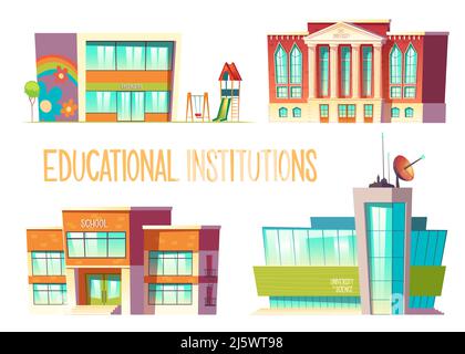 Bildungsinstitutionen Set, Kindergarten, Schule, Staat und Wissenschaft Universitätsgebäude Vorderansicht isoliert auf weißem Hintergrund, moderne Stadt establ Stock Vektor