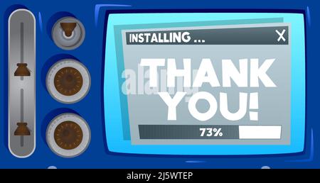 Cartoon Computer mit den Worten Danke! Meldung eines Bildschirms mit einem Installationsfenster. Stock Vektor
