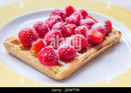 Warme belgische Waffel mit frischen Erdbeeren und Zuckerwulst auf einem Teller Stockfoto