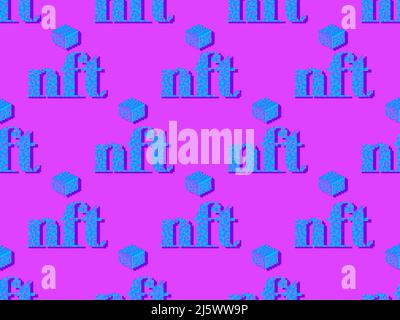 NFT-Token-Pixel-Art-Text mit nahtlosem Würfelmuster. Nicht fungibler NFT-Token. Digitale Kunst in der Blockchain-Technologie. Design für Banner und Werbezwecke Stock Vektor
