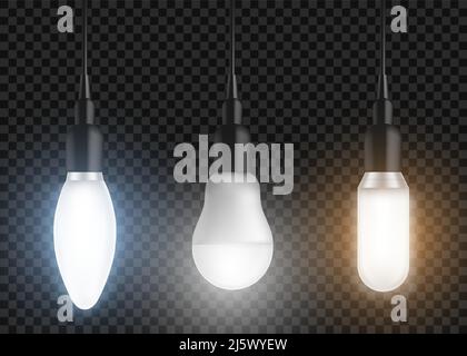 LED-Lampen eingestellt. Glühlampen, moderne, weißglühende Halogenlampen in verschiedenen Formen, von oben hängende Formen, Lichtgeräte isoliert auf Transportdurchgang Stock Vektor