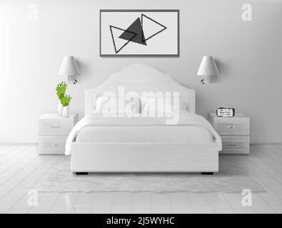 Schlafzimmer mit weißem Interieur, modernes Haus oder Hotel leeres Apartment mit Kingsize-Doppelbett, Nachttischen, Lampe und Wecker, Luxus-Schlafzimmer innen de Stock Vektor