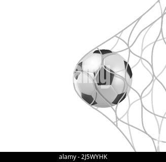 Fußball oder Fußball im Tornetz isoliert auf weißem Hintergrund, Sportzubehör, Ausrüstung für Spiel, Meisterschaft oder Wettbewerb, Design el Stock Vektor