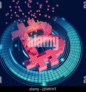 Bitcoin 3D-Abbildung. Futuristisches Konzept des Abbaus von Kryptowährung. Helles Pixelsymbol auf dunklem Hintergrund Stockfoto