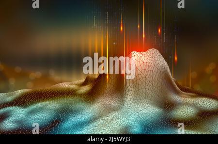 Big-Data-Konzept. Blockchain. 3D Abbildung. Neuronale Netze und künstliche Intelligenz. Abstrakter technologischer Hintergrund mit Binärcode Stockfoto